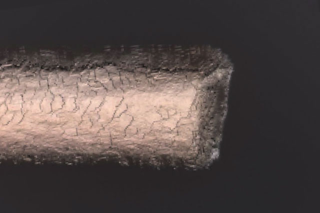 電子顕微鏡で見た、第３世代のセニングで切った髪の毛の断面図。