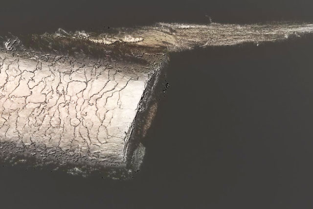 電子顕微鏡で撮った、引っ張られてちぎれた髪の毛