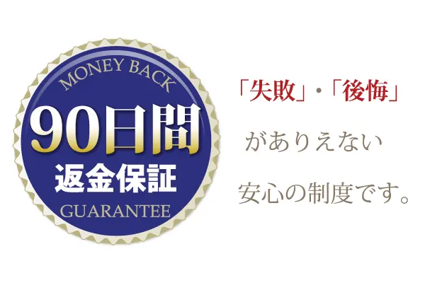 「９０日間返金保証」～ 「失敗」・「後悔」がありえない、安心の制度です。